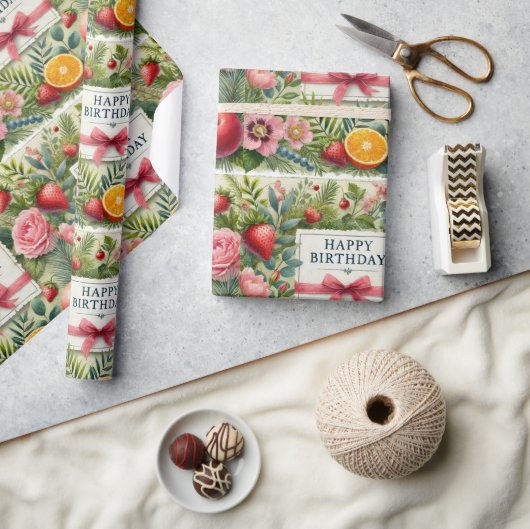 フローラハッピーバースデー包装紙 ラッピングペーパー (クラフト)