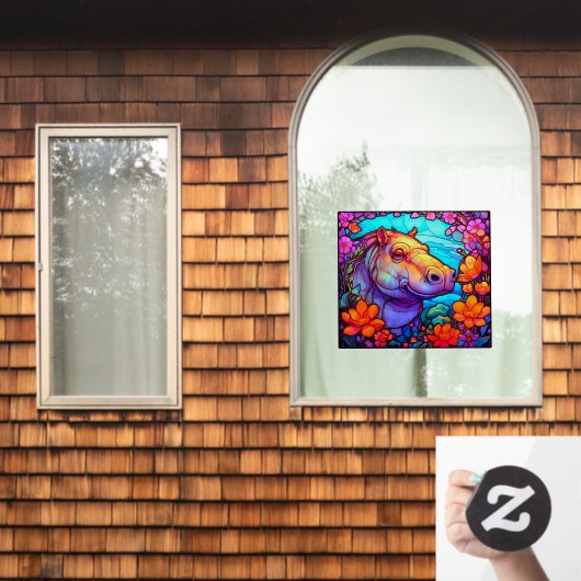 フローラハッピーヒッポカラフルステンフェイクドグラス ウィンドウサイン (ホームウィンドウ)