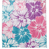 フローラハワイアンハイビスカスフラワーズピンクティール（緑がかった色）紫 シャワーカーテン (正面)