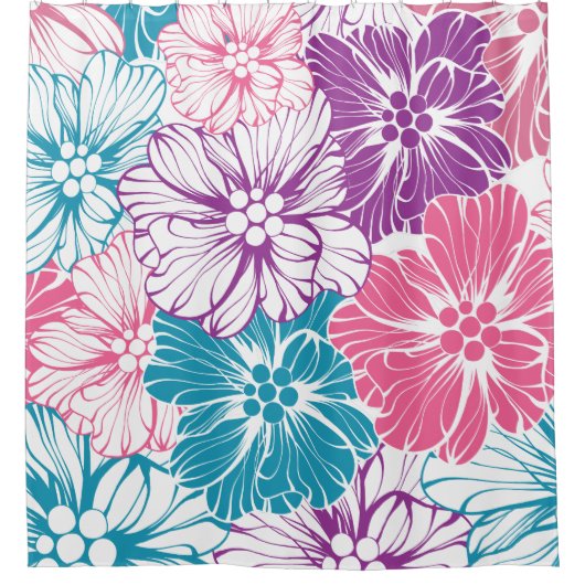 フローラハワイアンハイビスカスフラワーズピンクティール(緑がかった色)紫 シャワーカーテン (正面)