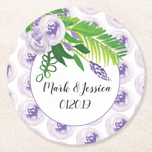 フローラハンドウォーター色の緑の紫結婚の ラウンドペーパーコースター (正面)