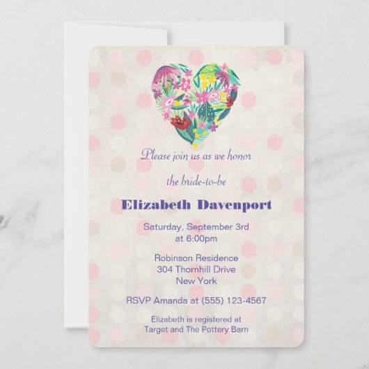 フローラハートと熱帯花ブライダルシャワー 招待状 (裏面)