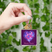 フローラハートオンパープルカスタムスクエアキーチェーン キーホルダー (手)