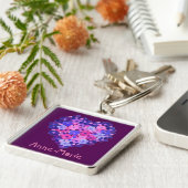 フローラハートオンパープルカスタムスクエアキーチェーン キーホルダー (側面)