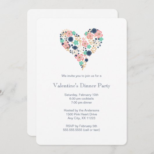 フローラハートバレンタインディナーパーティー招待状 招待状 (正面/裏面)