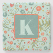 フローラハートパターかわいらしンカスタムイニシャル ストーンコースター (正面)