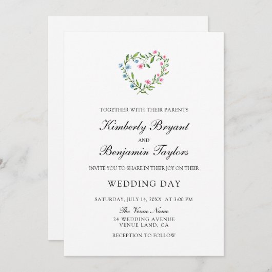 フローラハートフラワーリース。ボタニック結婚ズインビタ 招待状 (正面/裏面)