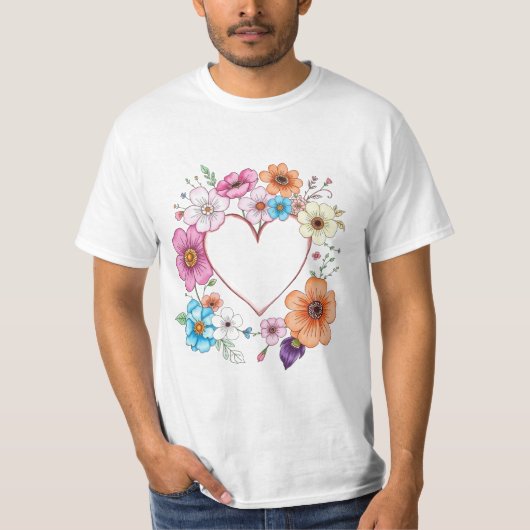 フローラハートフレームロマンチックな手描き花 Tシャツ (正面)