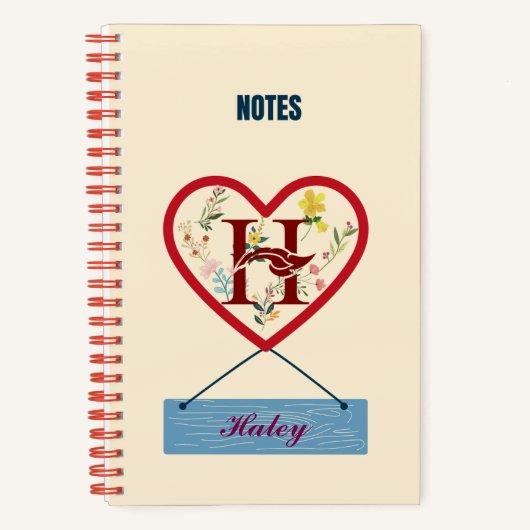 フローラハートモノグラム – 文字Hで名前を付ける ノートブック (正面)