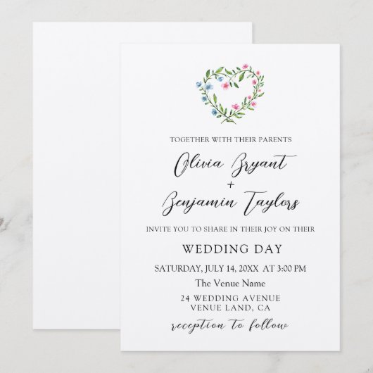 フローラハートリース。優雅素朴な結婚式 招待状 (正面/裏面)