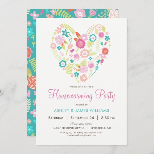 フローラハート引っ越し祝いパーティーパーティの招待状 招待状 (正面/裏面)