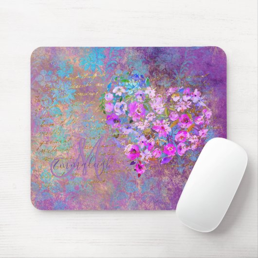 フローラハート金ゴールドアンティーク手書きモノグラム マウスパッド (マウス)