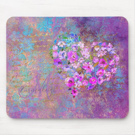 フローラハート金ゴールドアンティーク手書きモノグラム マウスパッド (正面)