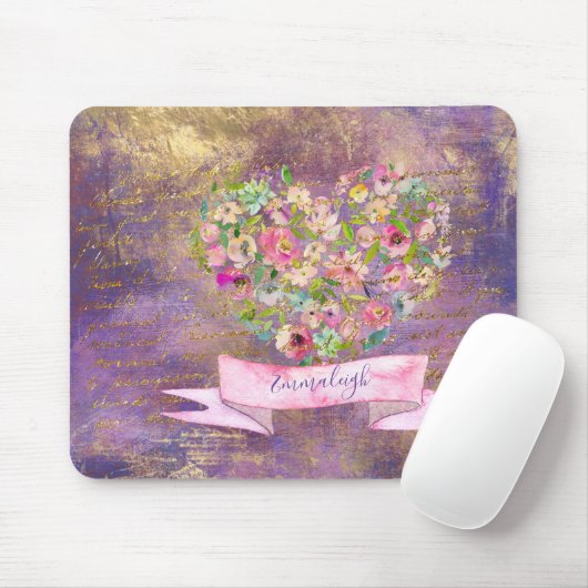 フローラハート金ゴールドアンティーク手書きモノグラム マウスパッド (マウス)