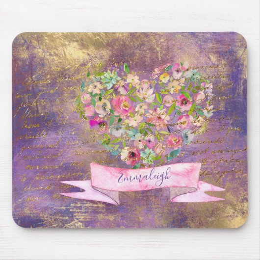 フローラハート金ゴールドアンティーク手書きモノグラム マウスパッド (正面)