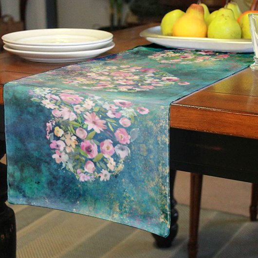 フローラハート金ゴールドロマンチックな手書き ショートテーブルランナー