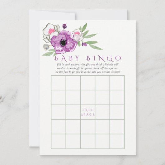 フローラバイオレットとセージ赤ちゃんシャワーベビービンゴ 招待状 (正面)