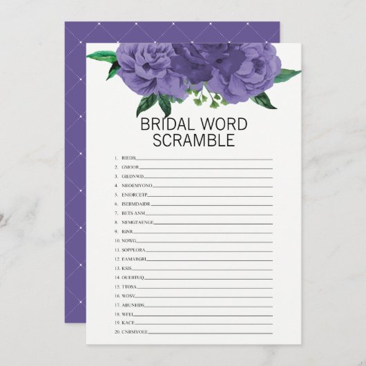 フローラバイオレットブライダルシャワーワードスクランブルゲーム 招待状 (正面/裏面)