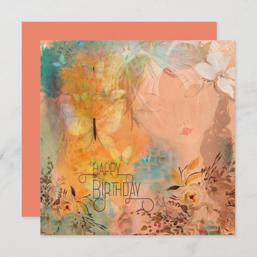フローラバタフライお洒落ガールハッピーバースデー カード (正面/裏面)