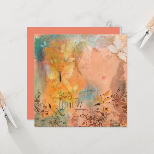 フローラバタフライお洒落ガールハッピーバースデー カード (正面/裏面インサイチュ)