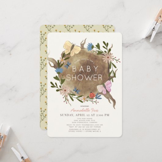 フローラバタフライウッドスタンプベビーシャワー招待状 招待状 (正面/裏面インサイチュ)