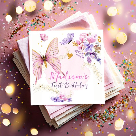 フローラバタフライガーデンピンクパープルガール誕生日 スタンダードカクテルナプキン