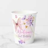フローラバタフライガーデンピンクパープルガール誕生日 紙コップ (裏面)
