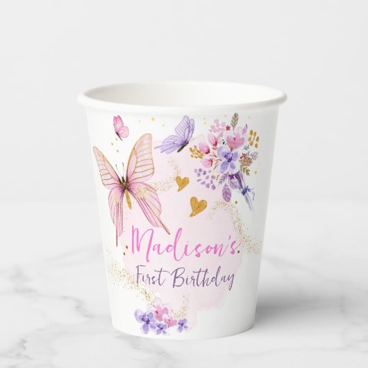 フローラバタフライガーデンピンクパープルガール誕生日 紙コップ (正面)