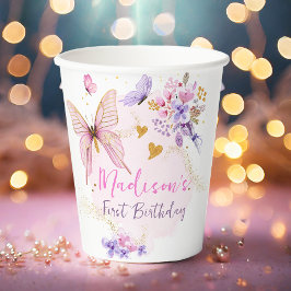 フローラバタフライガーデンピンクパープルガール誕生日 紙コップ