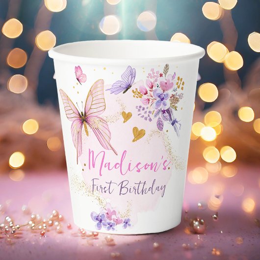 フローラバタフライガーデンピンクパープルガール誕生日 紙コップ