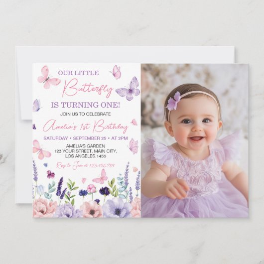 フローラバタフライガーデン誕生日フォト招待状 サンキューカード (正面)