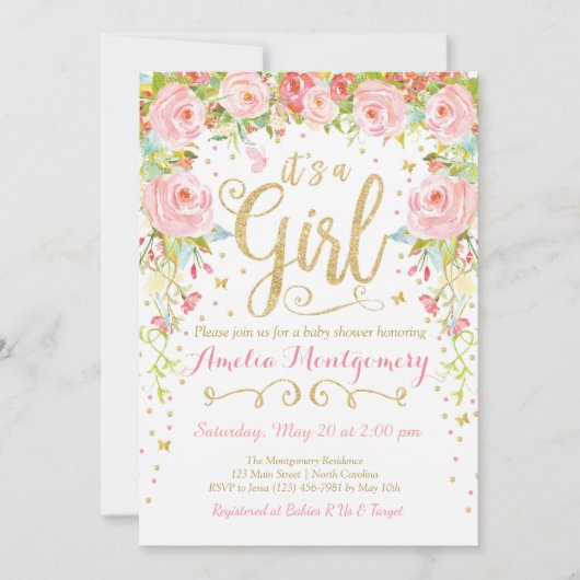 フローラバタフライガールベビーシャワー招待状 招待状 (正面)
