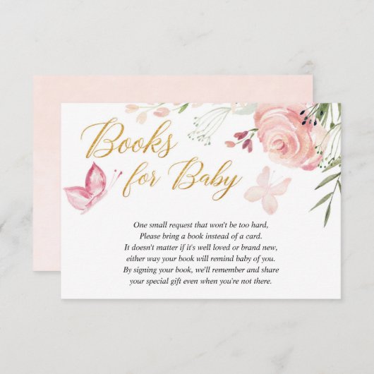 フローラバタフライガール赤ちゃんシャワーブックリクエスト エンクロージャーカード (正面/裏面)