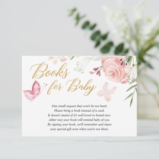 フローラバタフライガール赤ちゃんシャワーブックリクエスト エンクロージャーカード (スタンド正面)