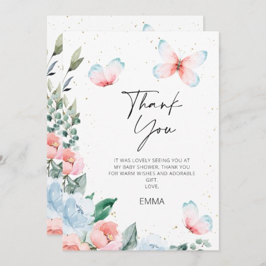 フローラバタフライキスベビーシャワーサンキューカード 招待状 (正面/裏面)