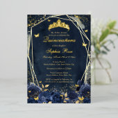 フローラバタフライティアラ金ゴールドネイビーキンセアニェラ 箔招待状 (立ち正面)