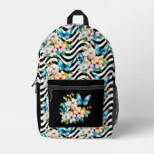 フローラバタフライパターン白黒波形ストライプ プリントバックパック (正面)