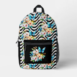 フローラバタフライパターン白黒波形ストライプ プリントバックパック