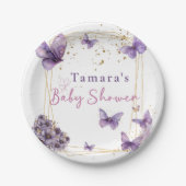 フローラバタフライパープル金ゴールドベビーシャワーパーティー ペーパープレート (正面)