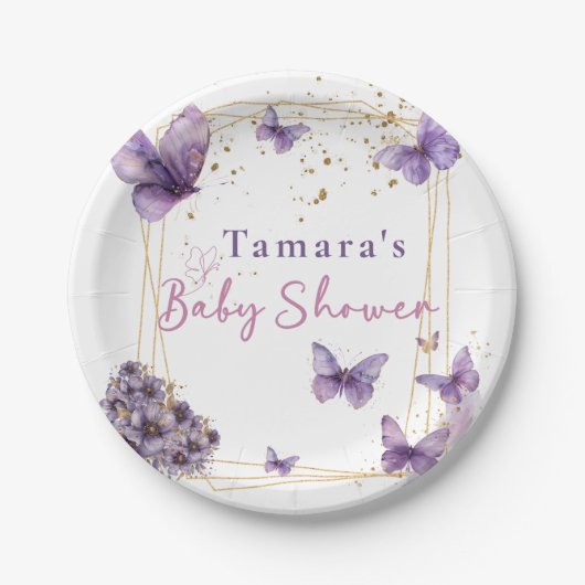 フローラバタフライパープル金ゴールドベビーシャワーパーティー ペーパープレート (正面)