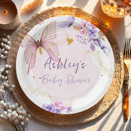 フローラバタフライピンクガーデンガールベビーシャワー ペーパープレート