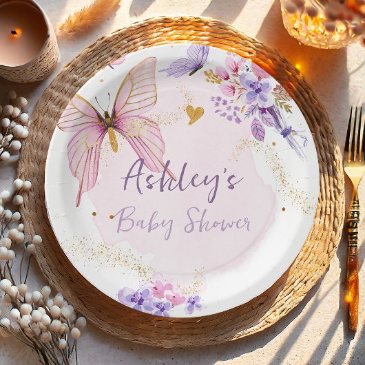 フローラバタフライピンクガーデンガールベビーシャワー ペーパープレート