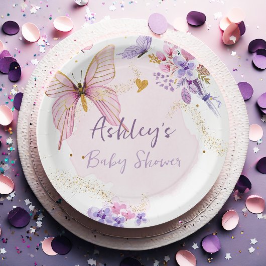 フローラバタフライピンクガーデンガールベビーシャワー ペーパープレート