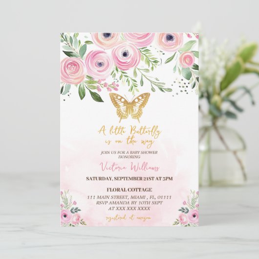 フローラバタフライピンクガール赤ちゃんシャワー 招待状 (スタンド正面)