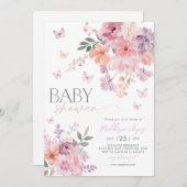 フローラバタフライピンクピーチパープルベビーシャワー 招待状 (正面/裏面)