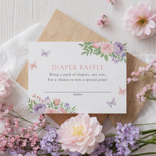 フローラバタフライベビーシャワーおむつラッフルチケット エンクロージャーカード