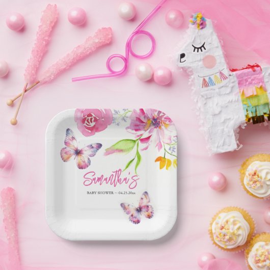 フローラバタフライベビーシャワー使い捨て ペーパープレート (パーティー)