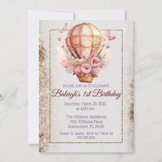 フローラバタフライホットエアバルーン誕生日 招待状 (正面)