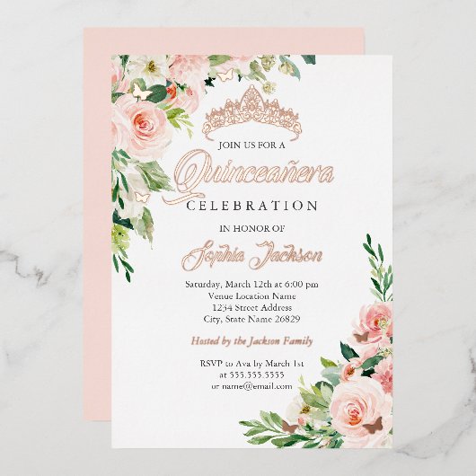 フローラバタフライ赤面ピンクローズ金ゴールドキンセアニェラ 箔招待状 (正面/裏面)