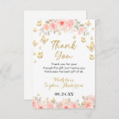 フローラバタフライ赤面ピンクローズ金ゴールドベビーシャワー サンキューカード (正面/裏面)